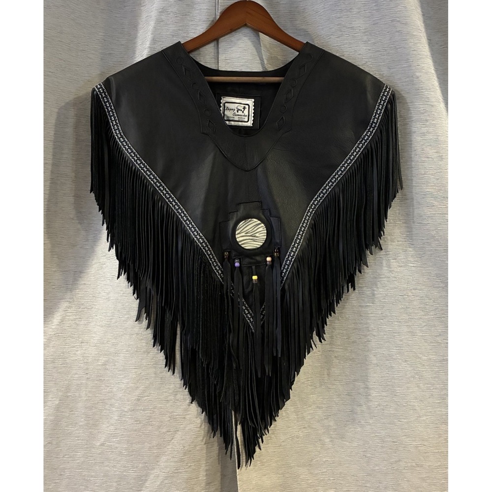 Vintage Lopez Camacho Black Leather Fringe Beaded Western Poncho Mexico Suede